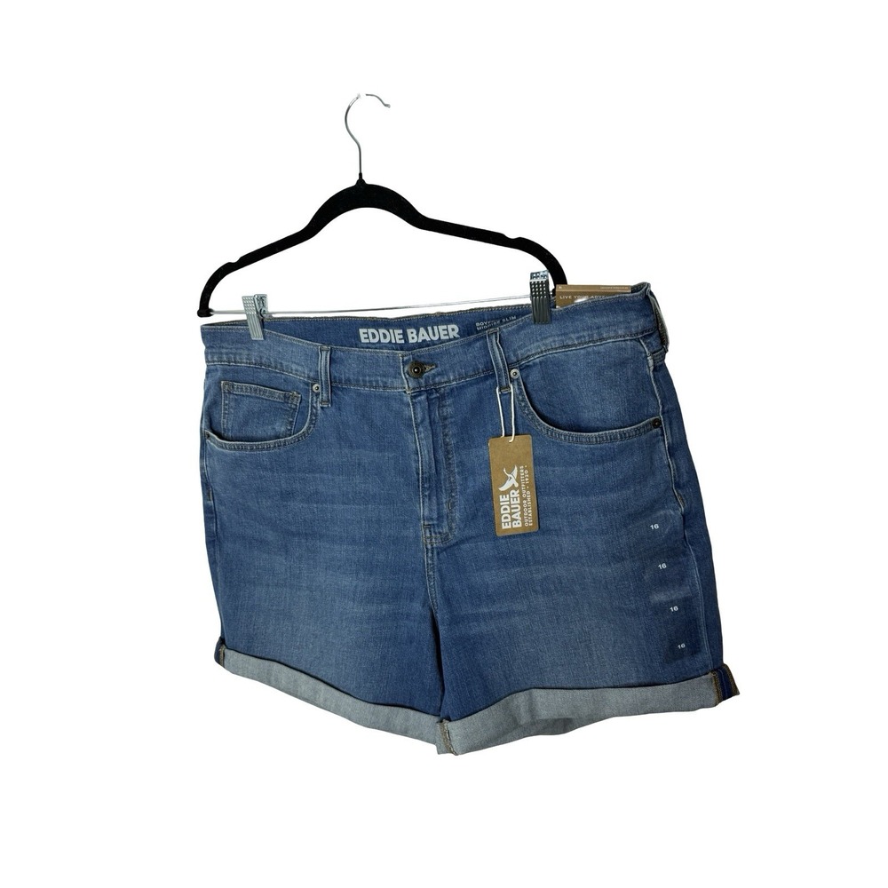 Eddie Bauer Womens Boyfriend Mid-Rise Slim Denim Jean Shorts Light Wash Blue 16